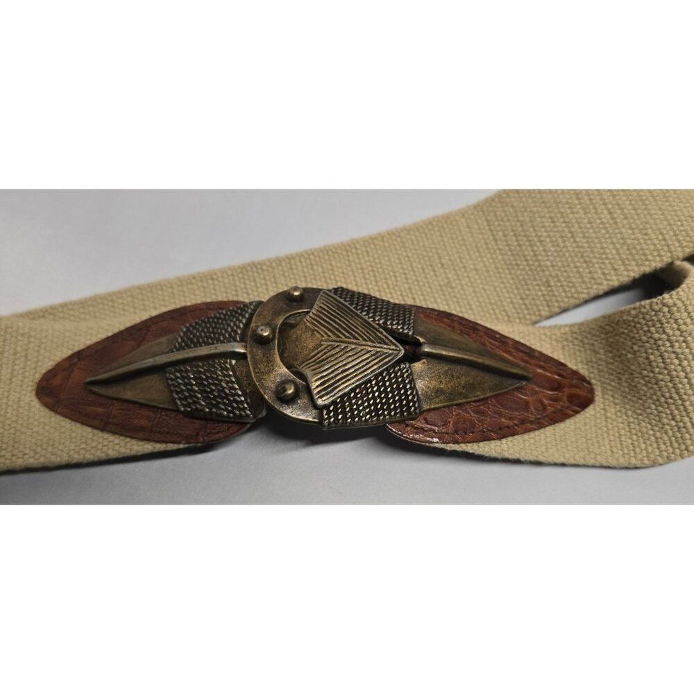 Vintage Omega Canvas Belt With Brass Arrow Buckle Leather Accents Unique Design